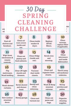 the 30 day spring cleaning challenge is shown in pink and blue, with numbers on it