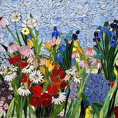 a painting of colorful flowers in front of a blue sky