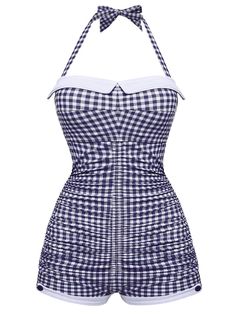 Checked Halter Bowknot One-piece Swimsuit – Retro Stage - Chic Vintage Dresses and Accessories