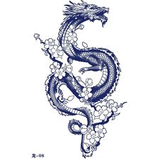 a dragon with flowers on it's body is drawn in blue ink by hand