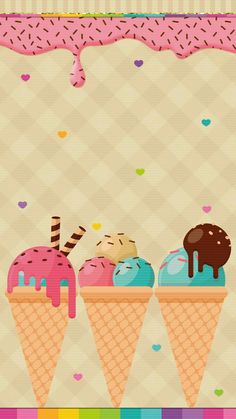 three ice cream cones with sprinkles and hearts on the wall behind them