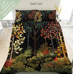 this is an image of a quilt set with trees and plants on it in the woods