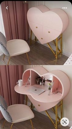 two photos of a desk with a heart shaped shelf on top and a chair in the middle