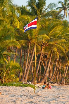 two people laying on the beach under palm trees and a flag flying in the wind