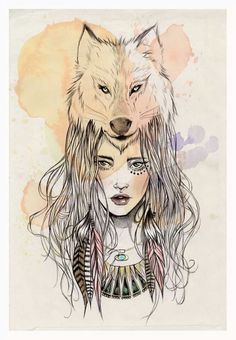 a woman with long hair and a wolf's head on top of her face