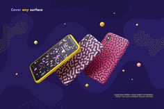 three cell phones sitting next to each other on top of a purple surface with circles and dots