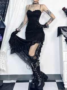 Indulge in the exquisite beauty of floral lace with this dress featuring stunning lace patchwork and a lace-up back. Made from a luxurious blend of polyester and spandex, it comes in a classic black color and is available in sizes S, M, and L. Perfect for adding a touch of elegance and sophistication to any wardrobe, t White Cropped Cardigan, Gothic Dresses, Gothic Lace, Dramatic Style, Dress Women Elegant, Lace Patchwork, Black High Waist, Gothic Dress, Lace Dress Black