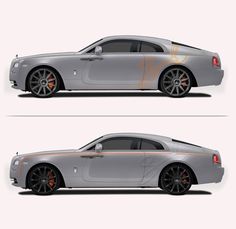 the side and back view of a silver rolls royce with orange stripes on it's sides