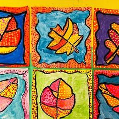 four colorful paintings with leaves on them in different colors and shapes, all painted by children