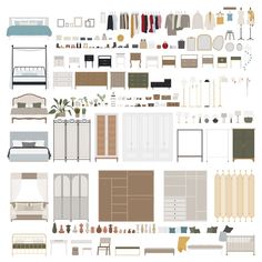 an assortment of furniture and accessories arranged in various shapes, sizes, and colors on a white background