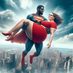 a man and woman dressed as superman flying in the air over a cityscape