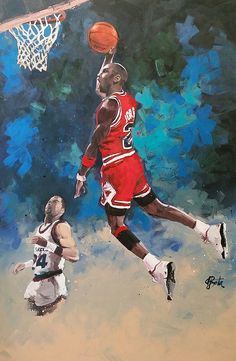 a painting of a basketball player dunking the ball