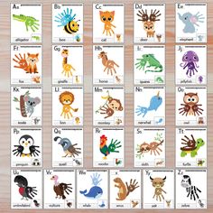 an animal alphabet flash card with pictures of different animals and their names on it's cards