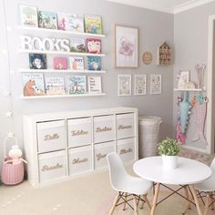 a child's room with white furniture and pictures on the wall above the table