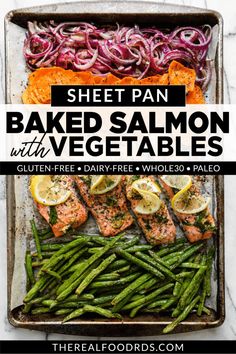 sheet pan baked salmon with vegetables on the side and text overlay that reads sheet pan baked salmon with vegetables