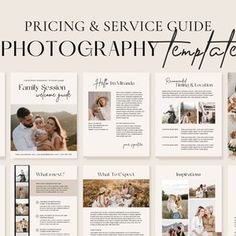 the pricing and service guide for photography templates is displayed on a white background with multiple images