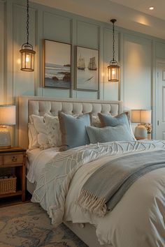 15 Aesthetic Coastal Bedroom Ideas For A Dreamy Retreat Coastal Bedrooms Decor, Bedroom Ideas Blue And White, Blue Theme Bedroom, Coastal Grandma Bedroom, Seaside Bedroom Ideas, Luxury Guest Bedroom, Coastal Theme Bedroom, Beach House Bedrooms, Bedroom Theme Ideas