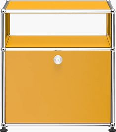 a yellow cabinet with wheels on the bottom and one door open to reveal a drawer