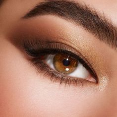 Pure Brown Eyes, Brown Eyes Gold Eyeshadow, Natural Bronze Eyeshadow, Eyemakeup For Brown Eyes, Shimmery Brown Eyeshadow, Eyeshadow Gold Brown, Hazel Brown Eyes, Brown Eyeshadow Wing, Gold Eyeshadow Looks