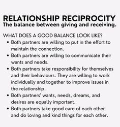 a white poster with the words, relationship reciprocityty and what does a good balance look like?