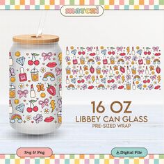 an image of a glass jar with stickers on it and the words liberty can glass pre - sized wrap