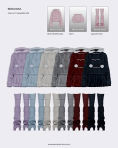 several different colors of clothes with buttons on the front and back, all in various sizes