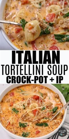 tortellini soup in a white bowl with spinach and cheese on top, next to the recipe title