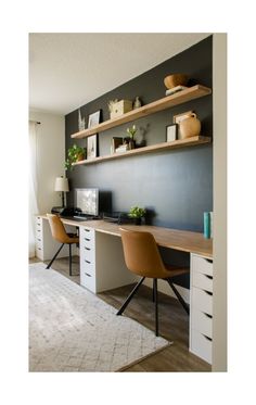 an office with two desks and shelves on the wall