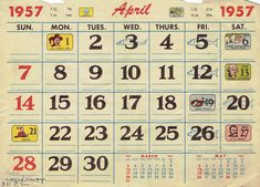 an old calendar with the dates on it and numbers in red, white, and blue