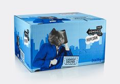 a box with an image of a cat in a suit