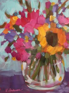 an oil painting of flowers in a vase