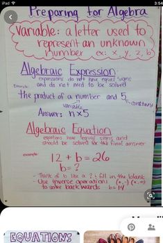 a whiteboard with some writing on it and two pictures next to it that say, preparing for algebra variable expressions