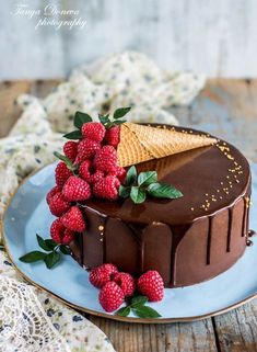 a chocolate cake topped with raspberries on top of a blue plate