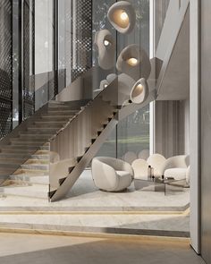 an elegant staircase with white chairs and lights