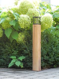 a tall wooden object sitting in front of some bushes