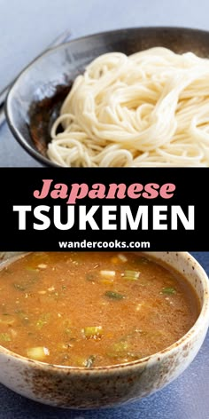 two bowls of soup with noodles in them and the words japanese tsukemen above it