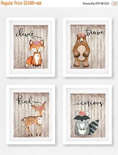 four woodland nursery art prints with the words, animals and letters on them in white frames