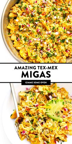 two plates with different types of food on them and the words amazing tex - mex migas