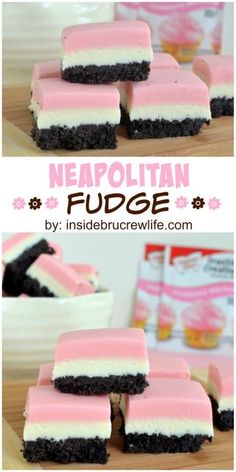 some pink and white desserts on top of a wooden table with the words neapolian fudge