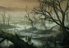 a painting of a swampy area with dead trees in the foreground and fog in the background