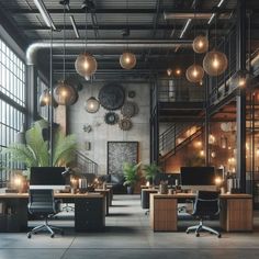 an office with lots of desks and chairs in front of large windows on the wall