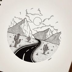 a drawing of a road going through the desert with mountains and cactuses in the background