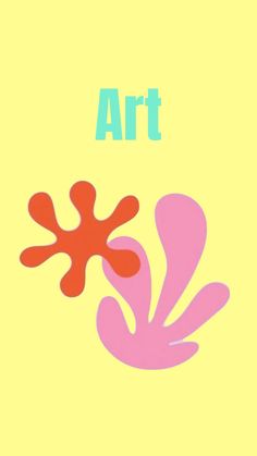 the words art are painted in bright colors on a yellow background with red and pink shapes