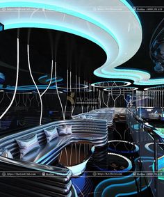 an artistic rendering of a futuristic living room with couches and lights on the ceiling