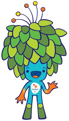 a blue and green cartoon character with leaves on it's head, holding his hands out