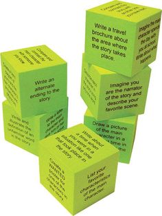 five green cubes with words written on them