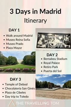 three days in madrid itinerary with pictures and information about the park, plaza de cielos, capitolia del caste