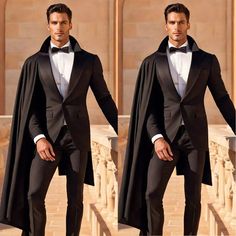 Men's Black Suits Jacket Pant With Long Cape Fashion Formal Party Wear 2 Pieces Groom Birthday Prom Prom Tuxedo, Cape Fashion, Black Suit Men, Long Cape, Black Suit Jacket, Fashion Formal, Suits Men, Groom Wear, Wedding Suits Men