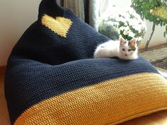 a white cat sitting on top of a blue and yellow bean bag chair