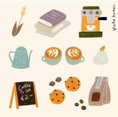 an illustration of coffee, cookies and other items on a white background with words written below